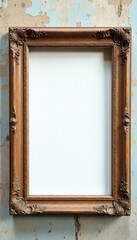 Antique, weathered wooden frame; blank canvas cutout , aged, artwork