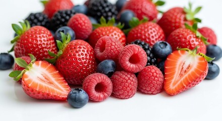 Obraz premium A fresh, colorful mix of summer berries, including strawberries, raspberries, blueberries, and blackberries, piled on a white surface.