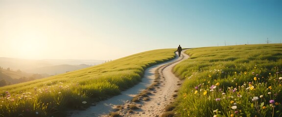 Person Walking on Winding Path Across Sunlit Green Hill