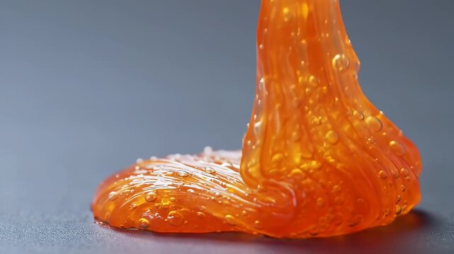 Close-up of bright orange translucent goo or slime being stretched and manipulated, abstract texture