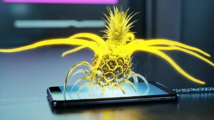 A vibrant holographic pineapple projected above a sleek smartphone, representing digital innovation. - Powered by Adobe