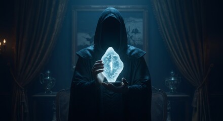A mysterious cloaked figure holding a glowing crystal in a dark, ominous room. Magic and wizard concept for fantasy design.