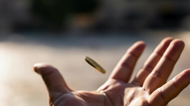 Close-up shot of a hand tossing a coin in the air, capturing the moment.