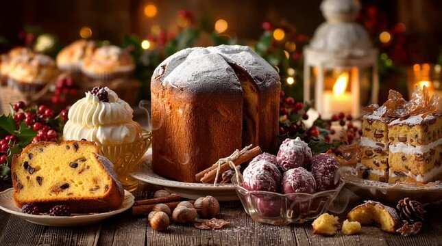 Still life of assorted desserts with christmas decorations on a wooden table surface indoors