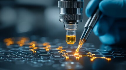 A scientist in blue gloves carefully pipettes orange liquid into glowing molecular DNA structures on a dark surface,