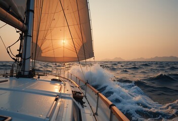Sailing boat cutting through dynamic waves under a warm glowing sunset over open sea horizon