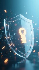 Transparent Shield with Golden Keyhole Icon Amidst Sparkling Particles
