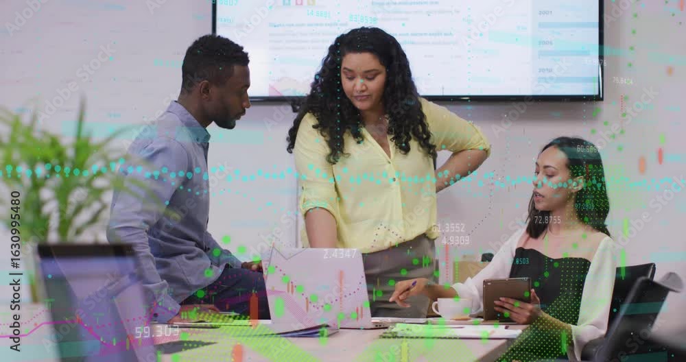 Poster team members gathering around meeting table analyzing business chart animation while jotting notes