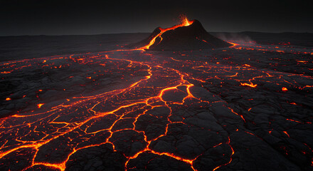 Volcanic lava field glowing with orange magma between black rock cracks