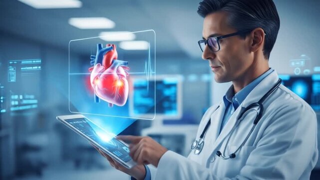 Doctor using futuristic digital tablet to analyze 3D heart model