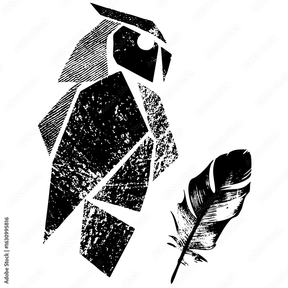 Poster vector stylized owl with a feather rendered in a distressed vector style.