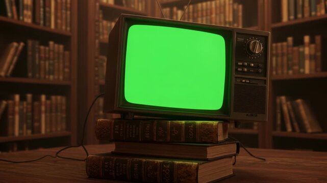 Retro television with green screen on books in a library setting, ideal for advertising historical