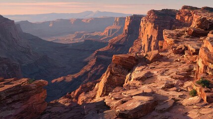 Fototapeta premium Sunrise illuminates a vast canyon landscape, showcasing layered, reddish-brown rock formations and a deep, shadowed valley stretching to distant hazy mountains under a soft, pale sky