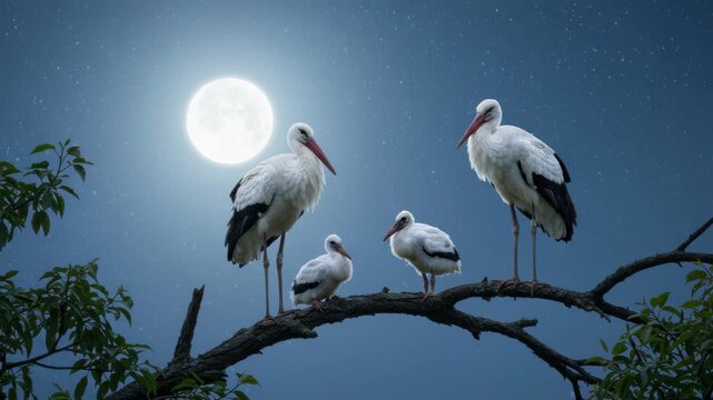Serene Night Scene: Storks Perched on Branch Under the Moonlight in Tranquil Setting