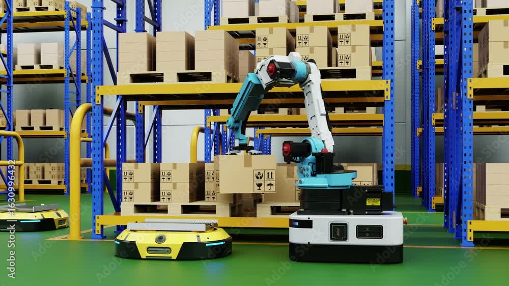 Poster automated robotic arm and automated guided vehicle managing packages in a modern warehouse. featurin