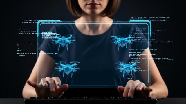 Eye level, illustration of military personnel using drones on a virtual display with computer technology. Background, dashboard