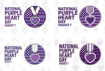 Illustrated National Purple Heart Day honors American veterans with heart shaped medal emblems