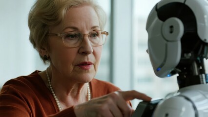 Elderly woman interacting with a humanoid robot in a modern setting
