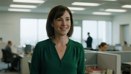 Fototapeta premium A woman in a green blouse stands in a modern office environment with colleagues working in the background.