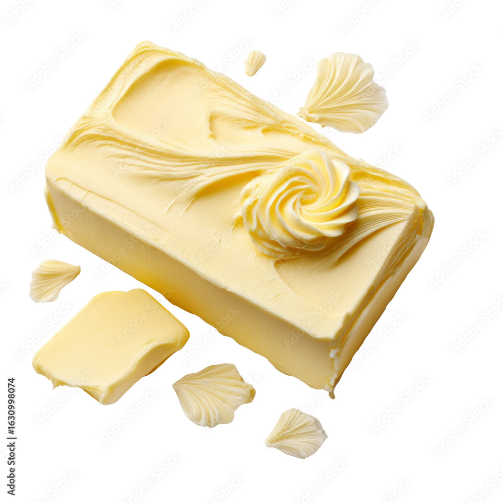 Poster creamy butter block with decorative swirl and shavings on transparency background