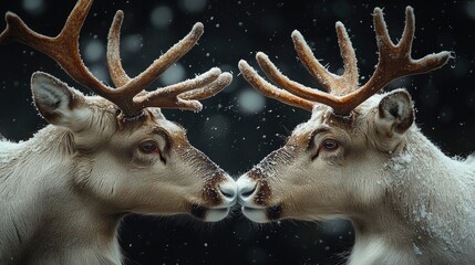 Close-Up of Reindeer Antlers Clashing in Winter Wonderland Setting