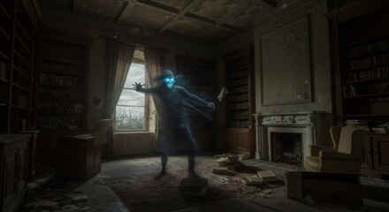 Fototapeta premium An eerie blue ghost with glowing eyes haunting a dusty, abandoned library. Halloween spooky fantasy concept for horror, mystery, or drama.