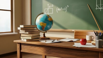 A detailed view of a classroom desk with books, a globe, and an apple. - Powered by Adobe