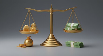 Golden Scales Balancing Religious Artifacts and Green Money Stacks on Gray