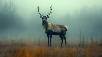 Reindeer Standing Alert in Misty Morning Tundra Landscape