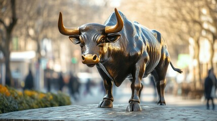 Bronze bull statue in city street.