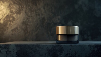 Dark, moody cosmetic jar on a textured surface.