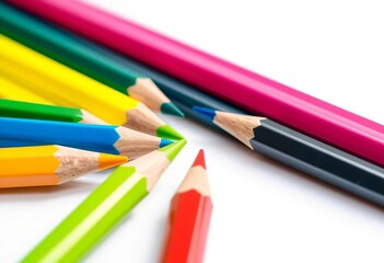 Fototapeta premium Vibrant colored pencils close-up, sharp points, white background , art, detail