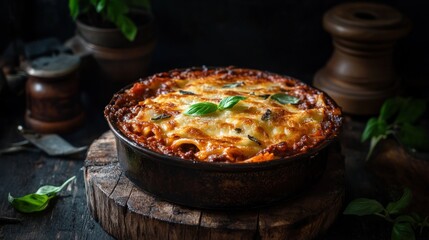 Baked lasagna in a dark pan, topped with melted cheese and fresh basil leaves, on a rustic wooden board.