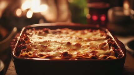 Hearty lasagna dish in a terracotta baking pan, warm glow of a fireplace in the background.