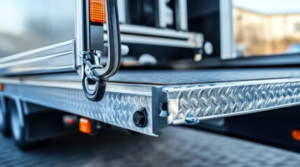 Close-up of a truck bed, showing the metal platform,  hinges, and straps.