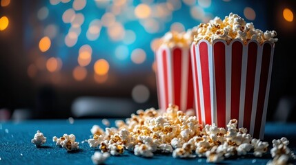 Two red and white striped popcorn boxes filled with popcorn on a dark teal surface, blurred background of bokeh lights.