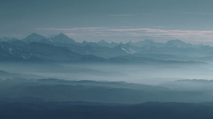 Fototapeta premium Mountains Landscape Nature Fog Peaks Sky Clouds Horizon Mist Scenery Tranquil Majestic Wilderness Panoramic Outdoor Travel Adventure Snow Terrain Remote Natural Light Beauty Range Expansive