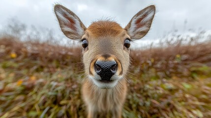 Fototapeta premium Curious Young Reindeer Investigating Camera on a Cloudy Day