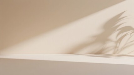 Shadow of a plant cast on a white wall and ledge, creating an abstract pattern with soft light.