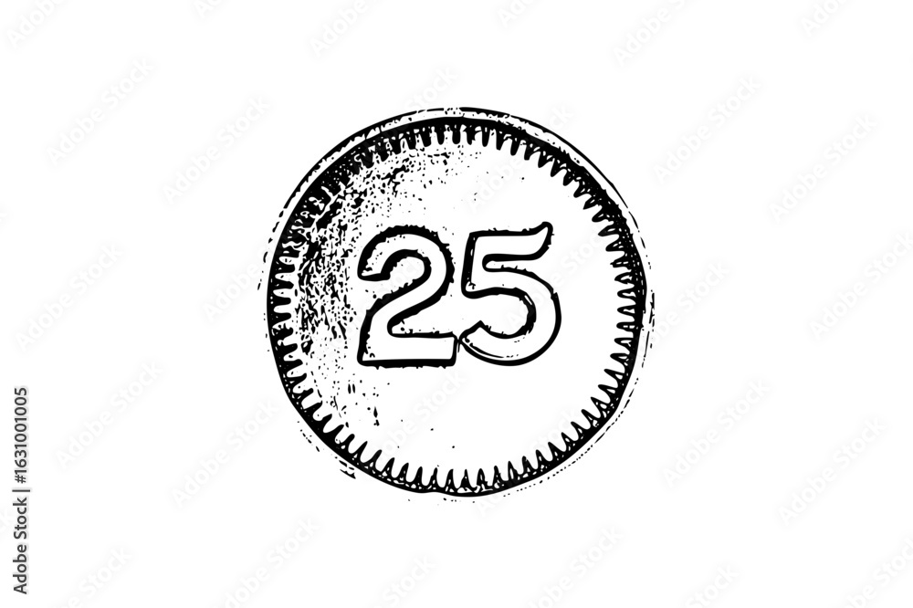 Poster vector distressed circular badge with prominent number twenty-five.