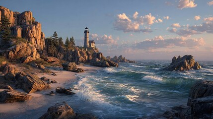 Dramatic coastal scene with a lighthouse at dawn. Rocky shoreline, gentle waves, and a pale sky
