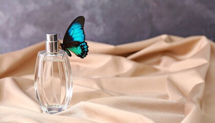 Artistic composition of a real butterfly with iridescent wings placed beside a perfume bottle on satin fabric