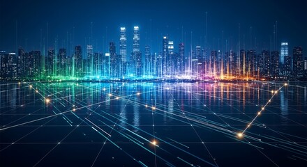 Smart City Skyline with Futuristic Network Connections at Night