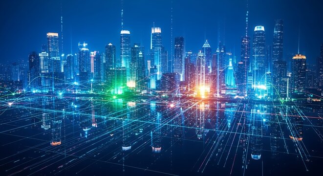 Modern Cityscape with Network Connections at Night