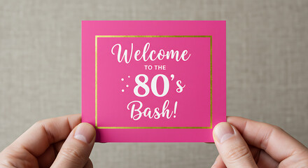 Hands holding a pink invitation card for an eighties theme party. Welcome to the bash message on a square mockup.