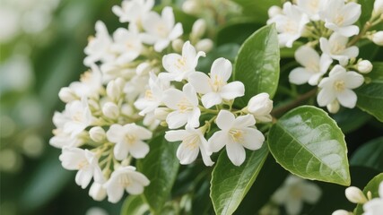 Obraz premium Cluster of White Flowers with Green Leaves in Bloom