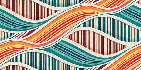 Vibrant abstract wavy lines create a dynamic retro pattern with warm oranges and cool blues