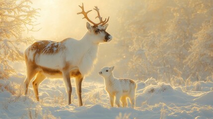 Obraz premium Reindeer Calf Taking First Steps in Snowy Spring Landscape
