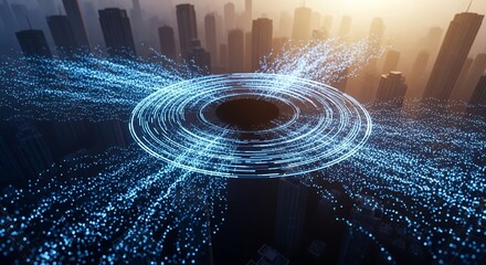 Futuristic Data Stream Above Skyline at Sunset