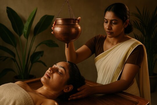 Relaxing Ayurvedic oil therapy session.